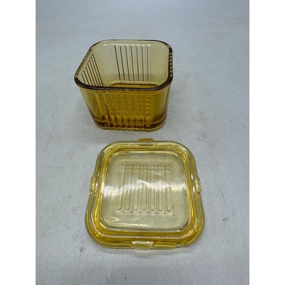 Vintage Square Federal Glass Yellow Ribbed Refrigerator Lidded Box 4"x4" READ - Picture 3 of 5